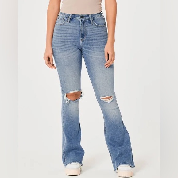 HIGH-RISE RIPPED MEDIUM WASH VINTAGE FLARE JEANS - Picture 1 of 6